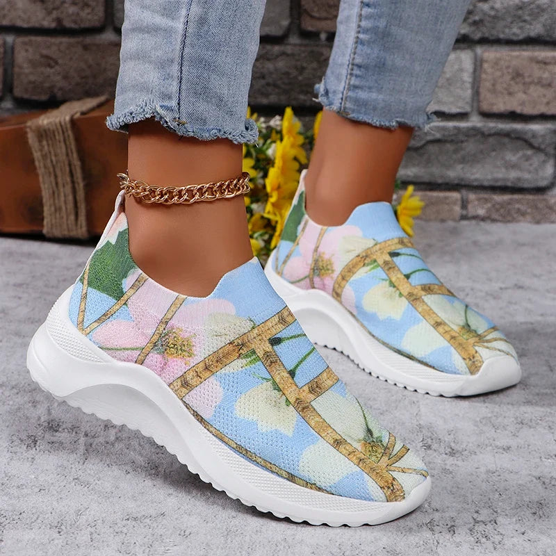 Multicolor mesh slip-on platform sneakers with cross gold strap design and white sole