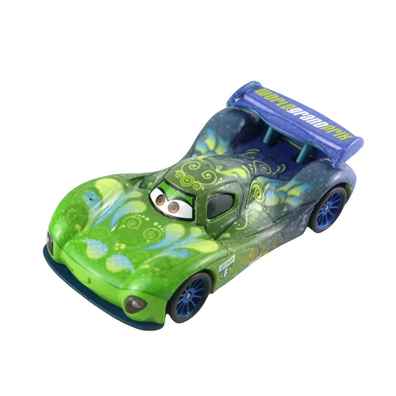 Green camo diecast race car model with blue wheels and cartoon face