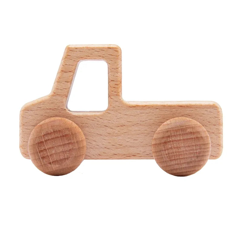 Wooden dinosaur car teether toy with two round wheels and window cutout