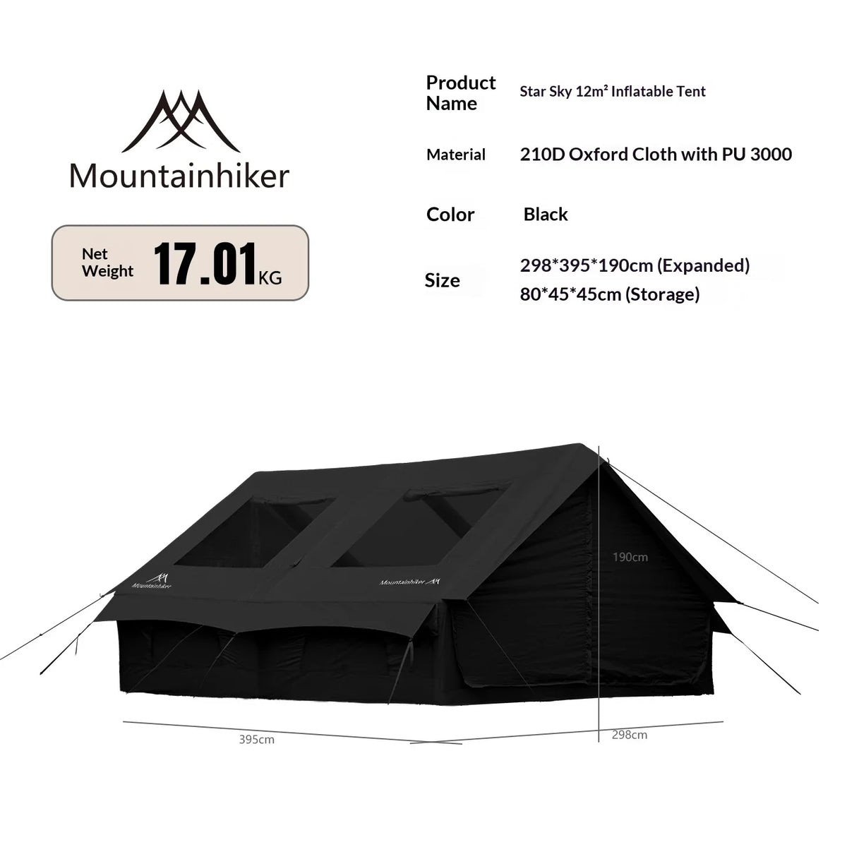Mountainhiker 12m² black inflatable tent with expanded roof panels and side openings