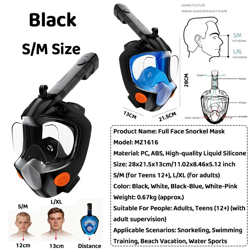 Full face snorkel mask, black frame with blue visor, S/M size