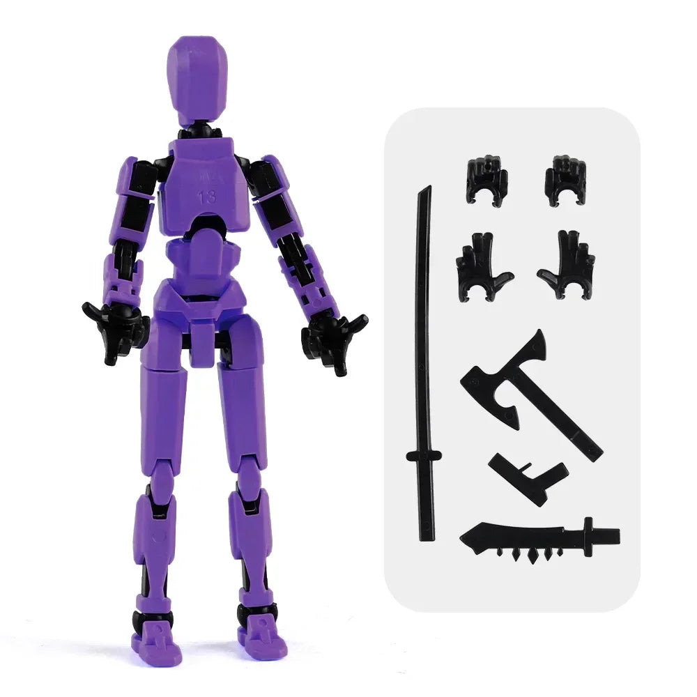 Purple multi-jointed action figure robot with black weapons and accessory parts