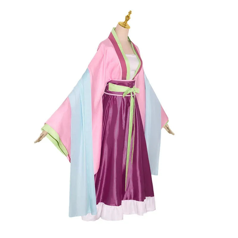 Pink and purple anime cosplay dress with light blue sleeves and green-trimmed waist sash