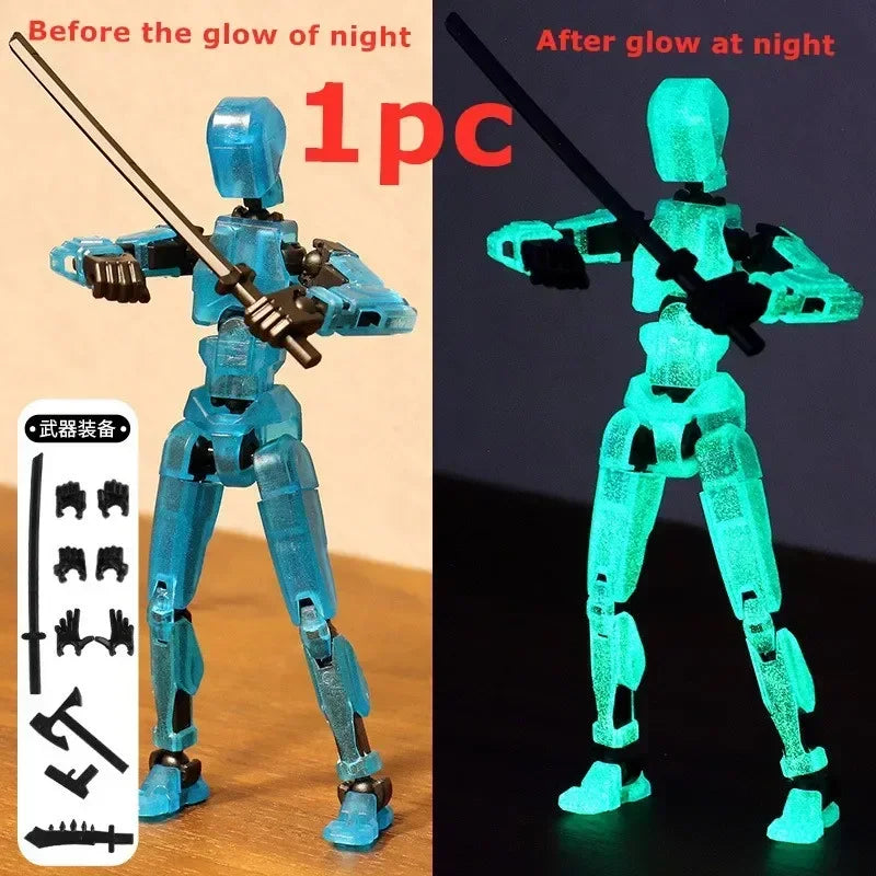 Cyan robot action figure before and after night glow, poseable joints and weapons