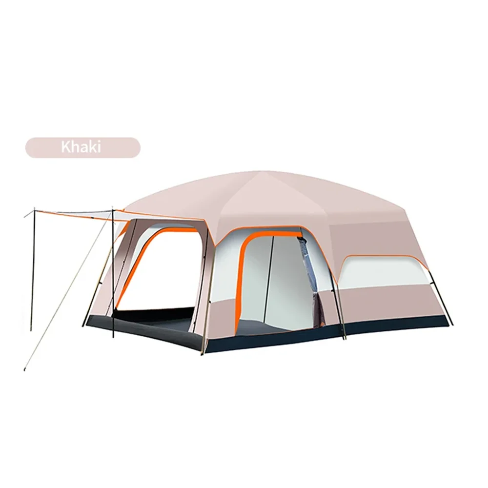 Khaki family camping tent with two rooms and rainfly, orange trim, multiple doors