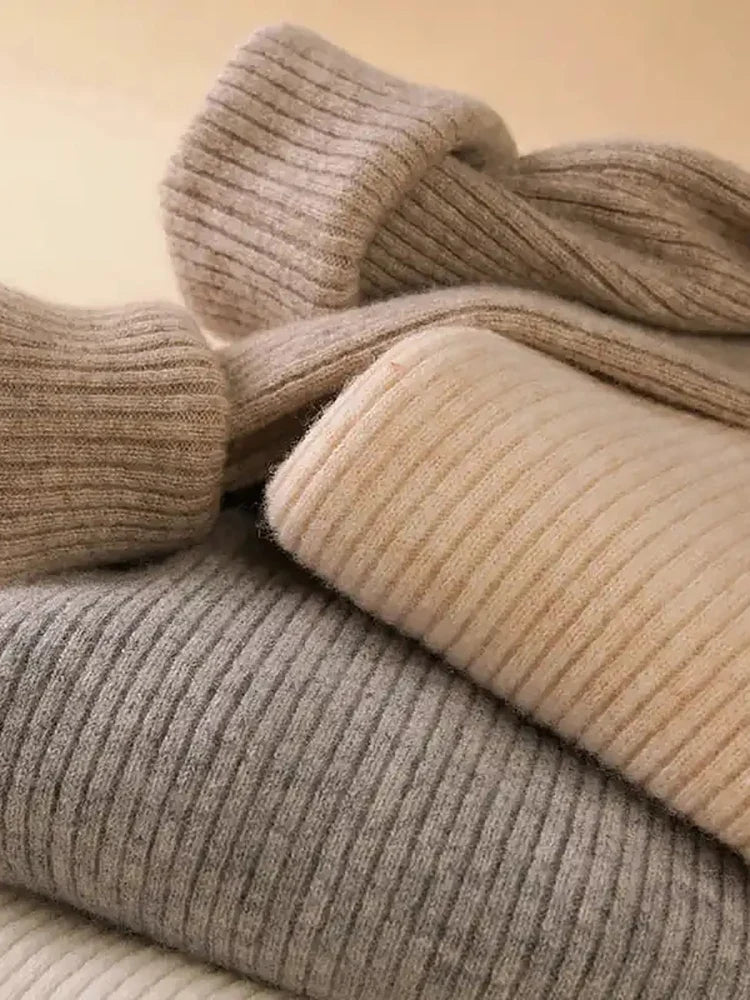 Ribbed turtleneck sweater in taupe and light beige, knit fold collar detail