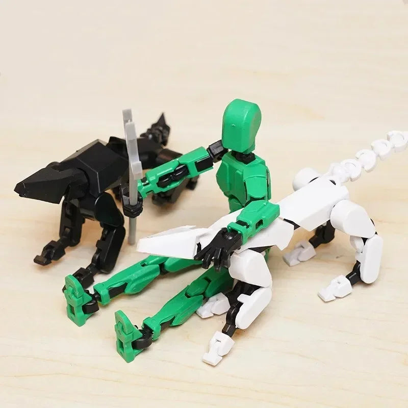 Green and white multi-jointed robot action figure set with white dog figure