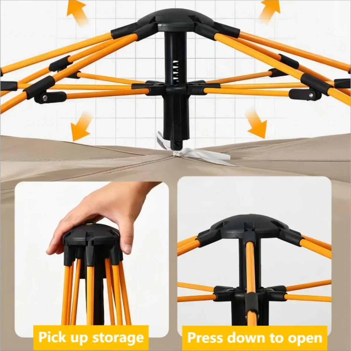 Automatic tent pole system with orange poles and black hub for quick opening