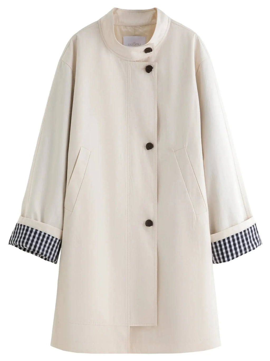 Beige stand-collar windbreaker coat with black-button front and plaid cuff bands