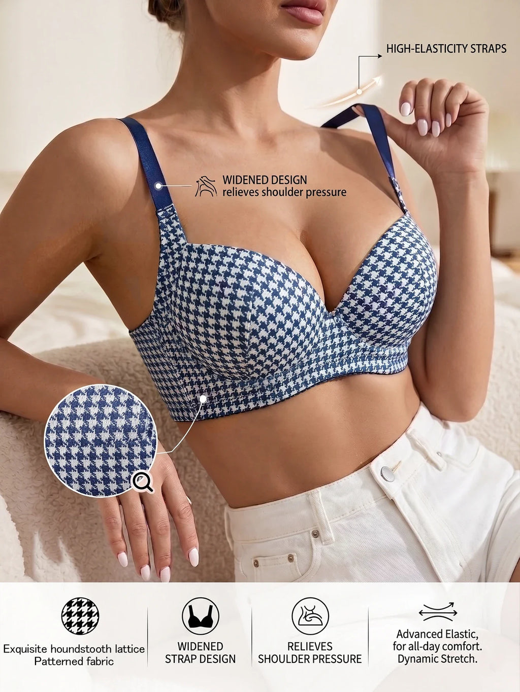 Women’s houndstooth push-up bra in blue with wide elastic straps and high-stretch fit.