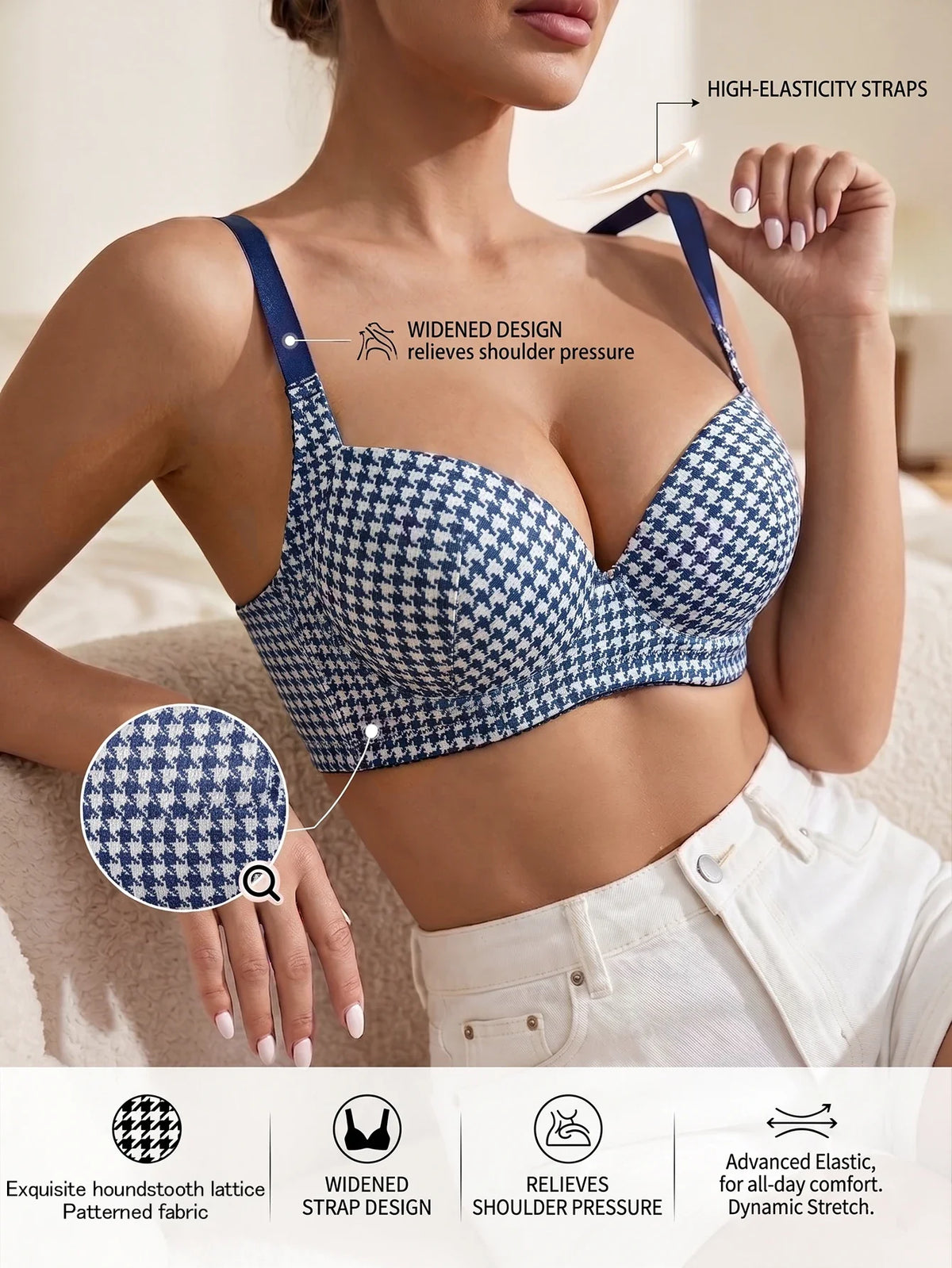 Women’s houndstooth push-up bra in blue with wide elastic straps and high-stretch fit.