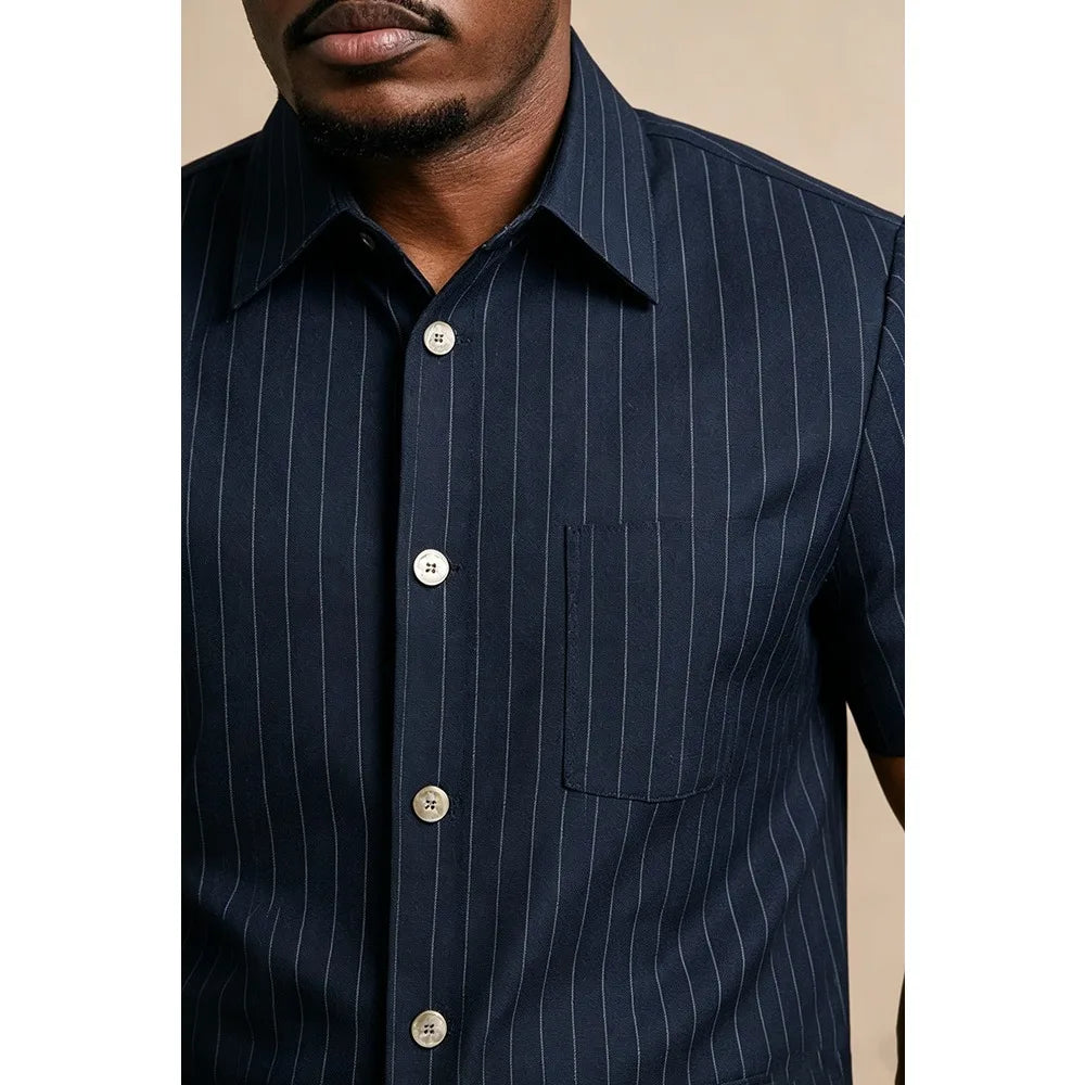 Navy striped short-sleeve shirt front with buttons and chest pocket detail