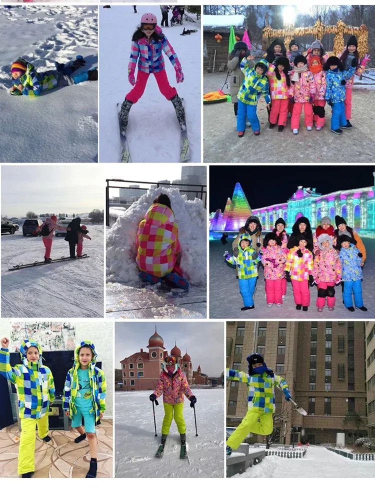 Kids winter ski suits collage showing colorful camo jackets with matching snow pants outdoors