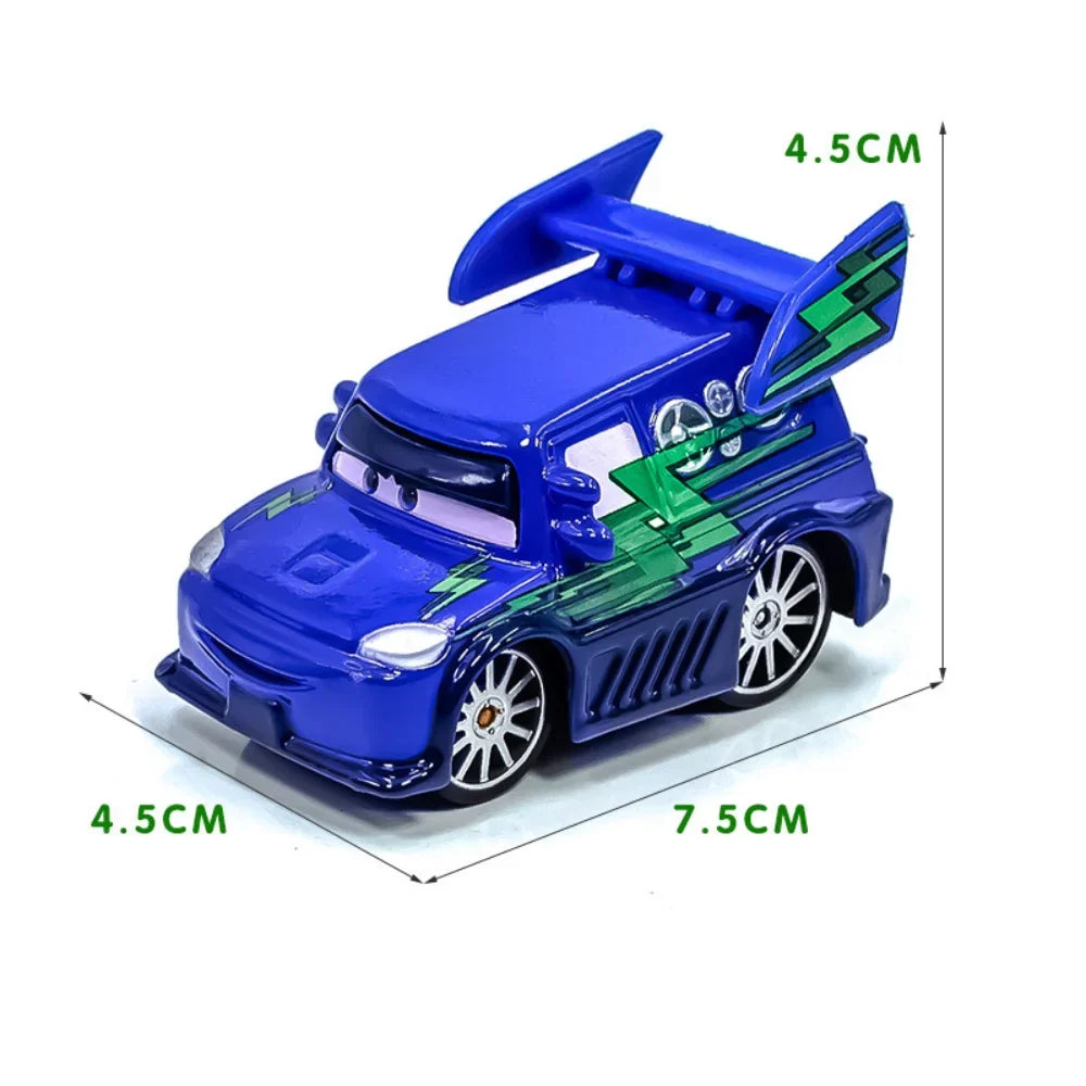 Blue diecast racing car toy with green-and-black hood graphics