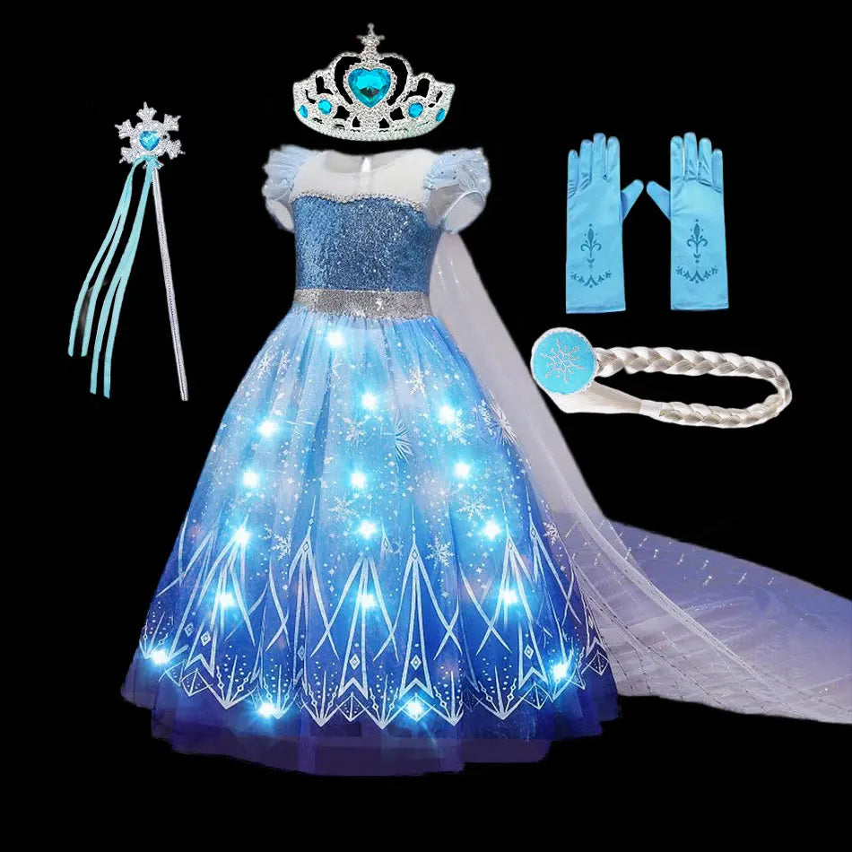 Blue LED princess gown with off-shoulder bodice, glowing hem, tiara and long wand