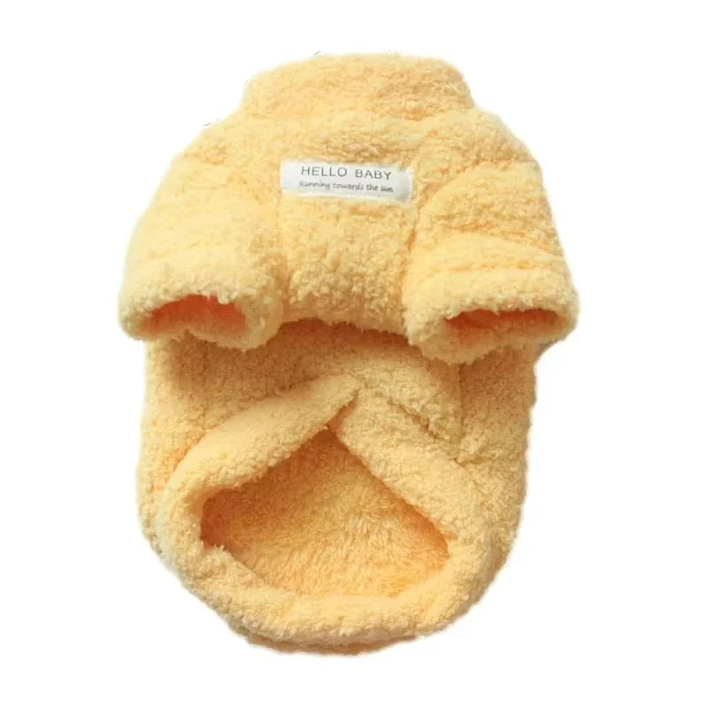 Plush dog sweater with hood and paw cutouts, light yellow with “HELLO BABY” label