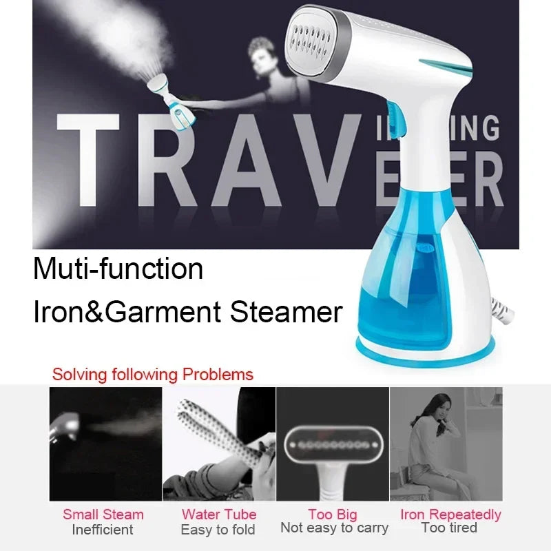 Handheld fabric steamer spraying steam from the nozzle during garment steaming
