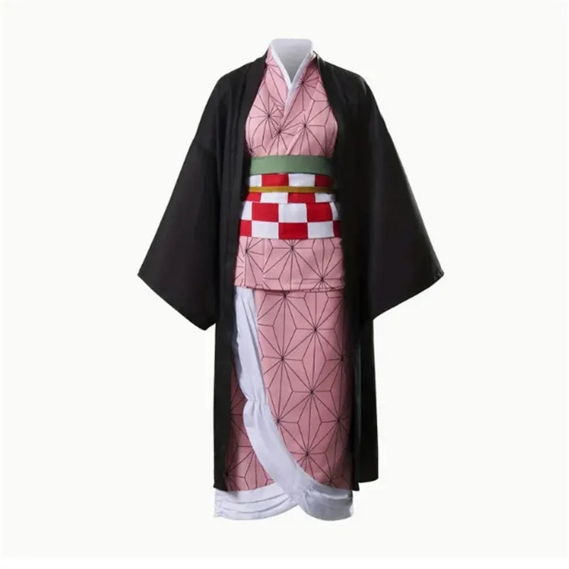 Pink geometric kimono cosplay with black haori, checkered obi belt, and white sash