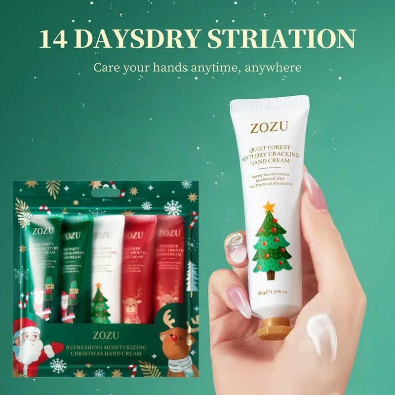 Hand cream tube held in hand with white cream on fingers beside gift box