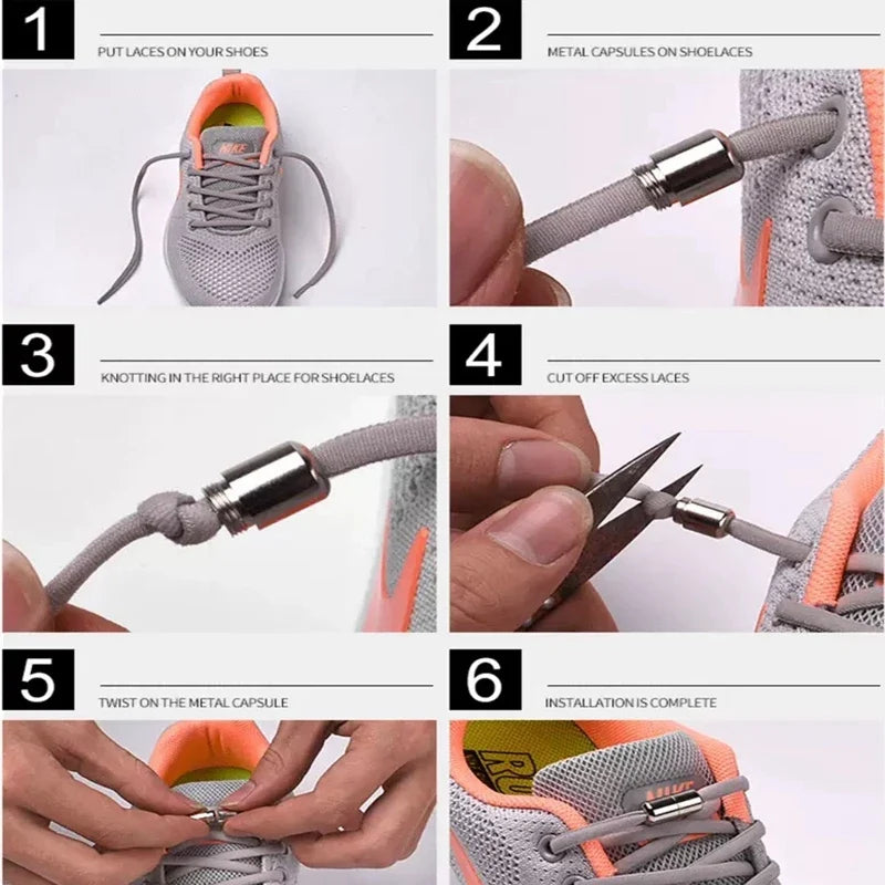 No-tie elastic shoe laces installation steps with metal capsule ends and gray lace