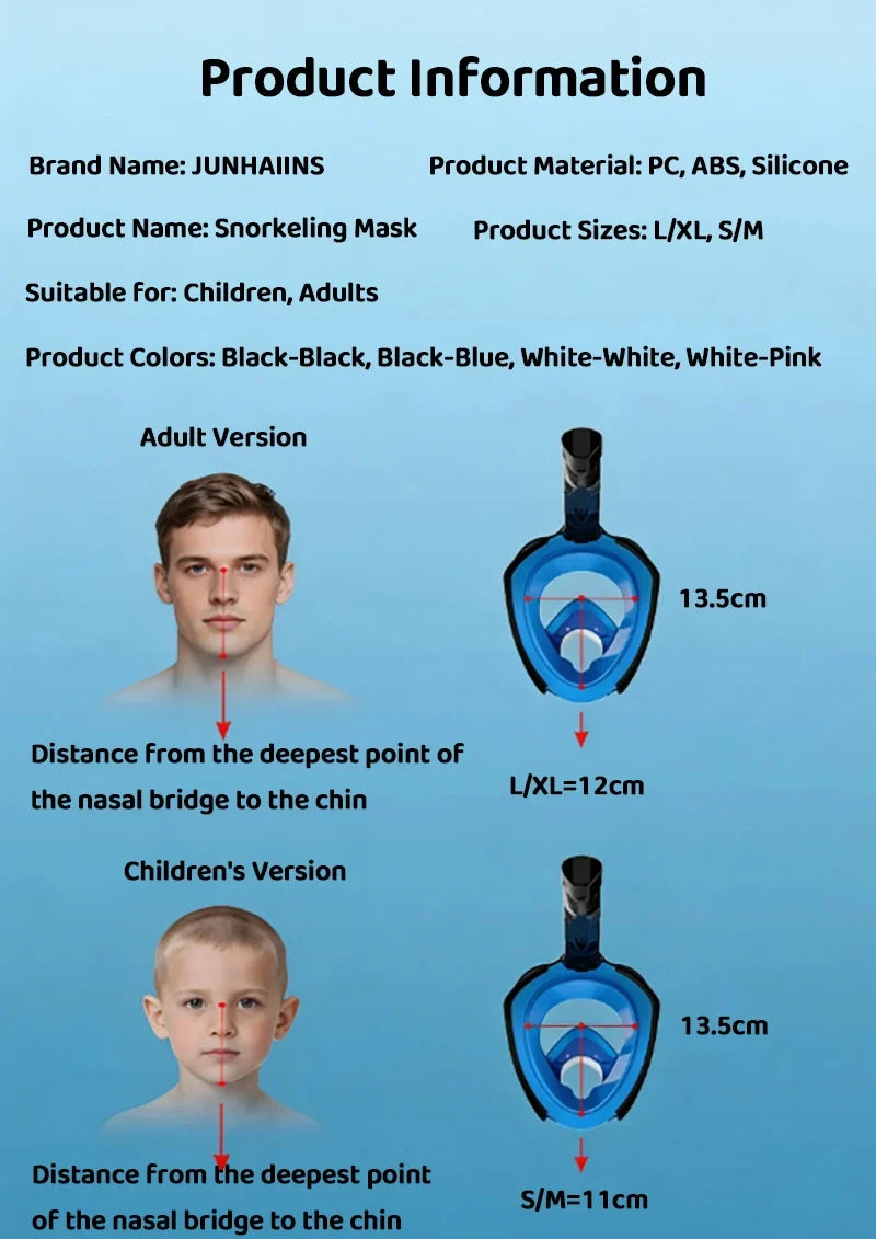 Full-face snorkel mask with size diagram and measuring points on the mask