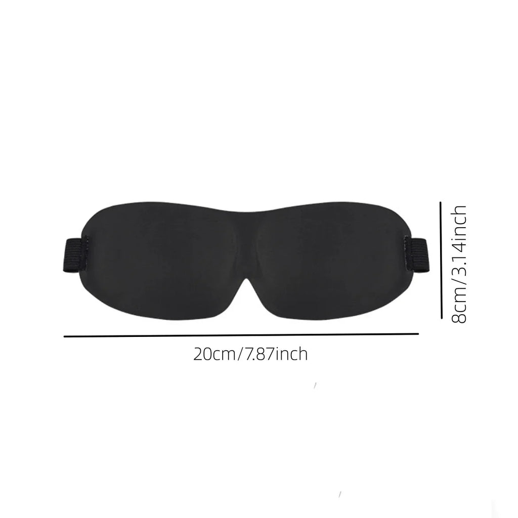 Black contoured sleep eye mask with elastic strap, shown with size dimensions
