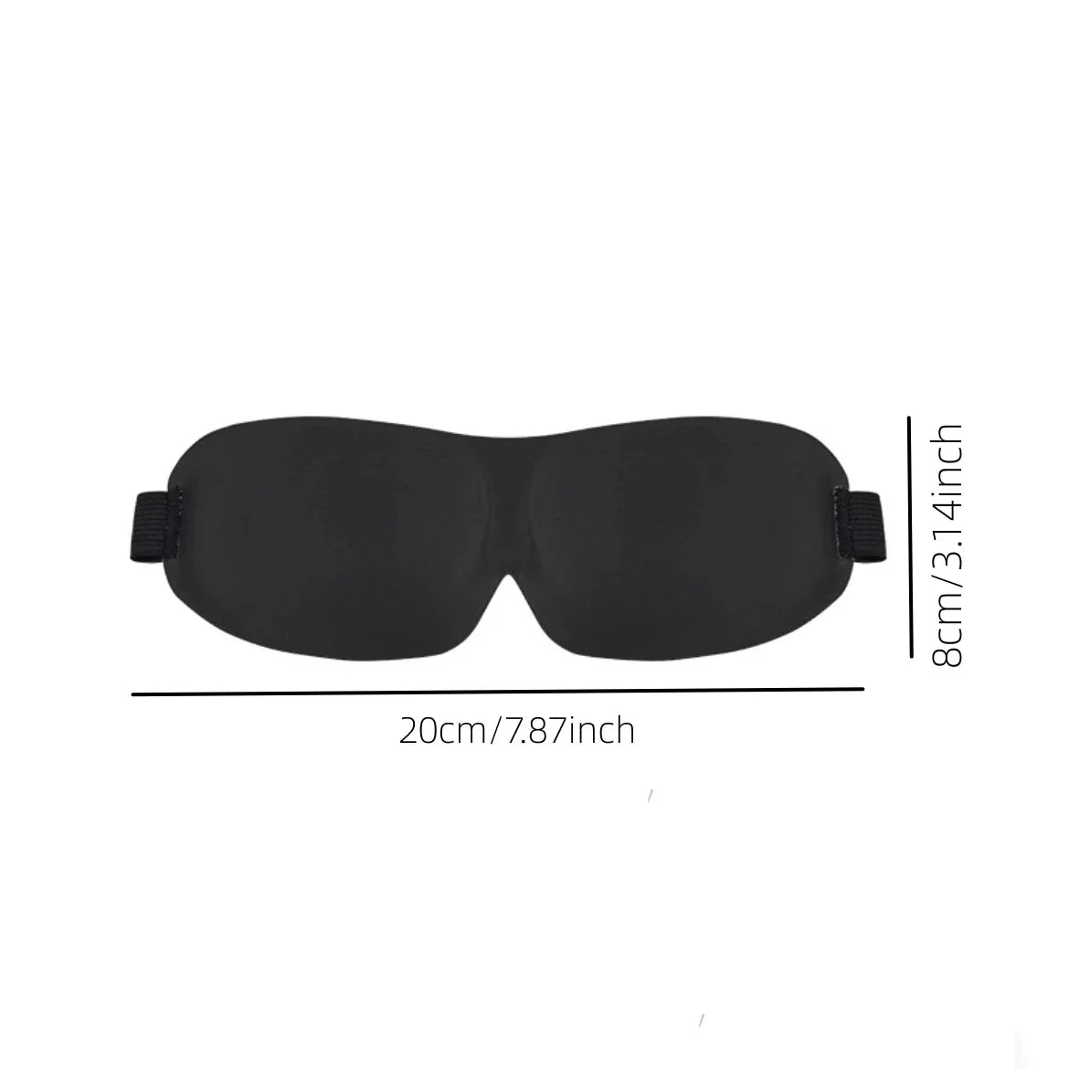 Black contoured sleep eye mask with elastic strap, shown with size dimensions