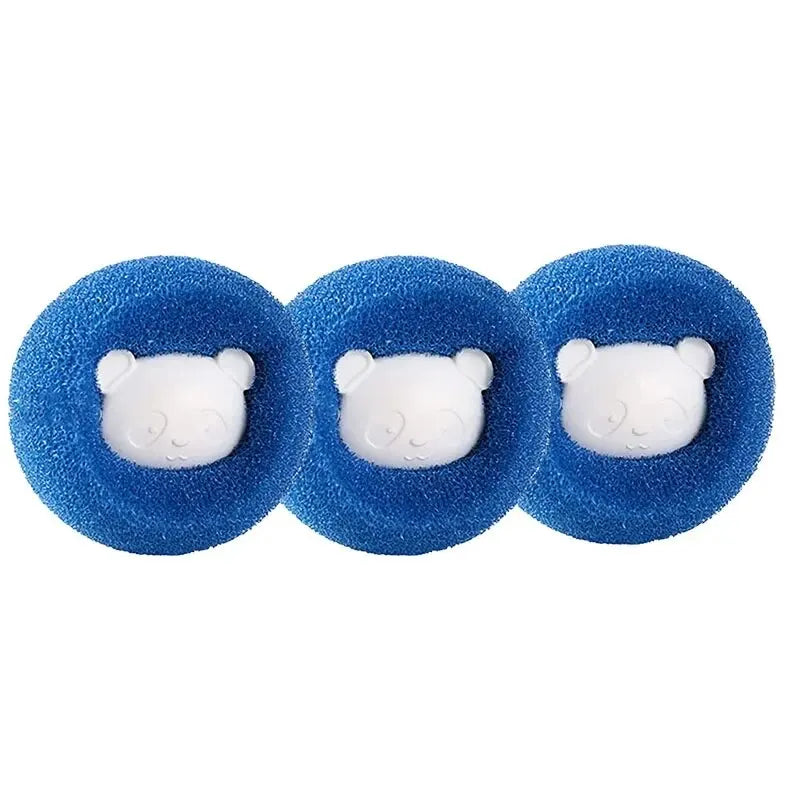 Blue pet hair remover laundry balls with bear-shaped white grips, 3-pack