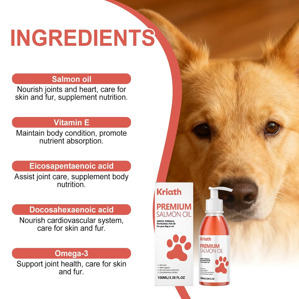 Premium salmon oil supplement bottle and box with close-up canine face