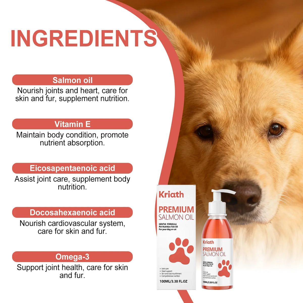 Premium salmon oil supplement bottle and box with close-up canine face