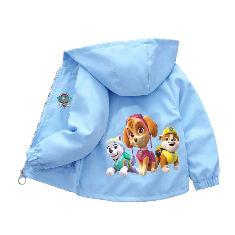 Kids Paw Patrol hooded windbreaker jacket, light blue with dog character graphic on back