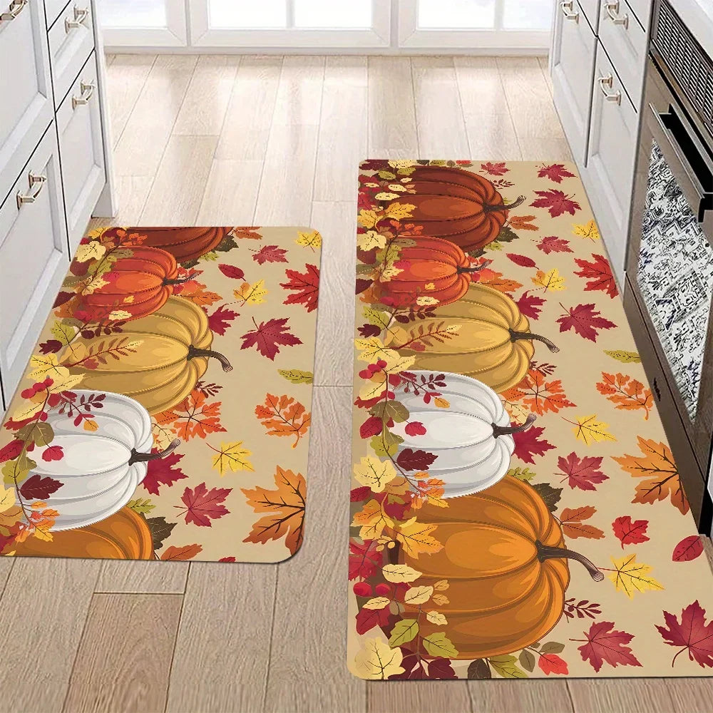 Thanksgiving kitchen rug with pumpkins and autumn maple leaves, rectangular orange and red design