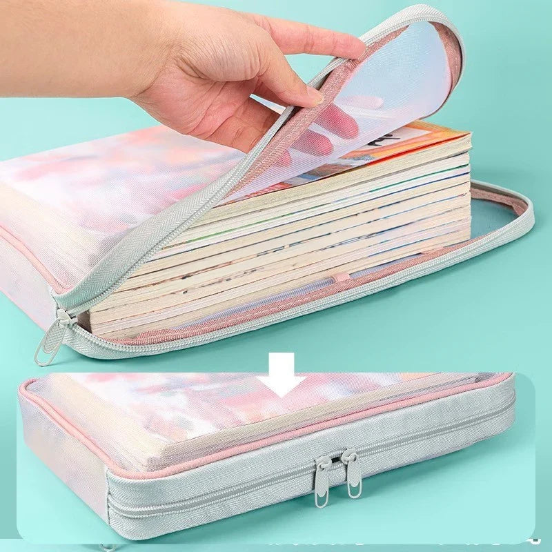Folding stationery organizer bag with zipper closure, opened to show layered compartments