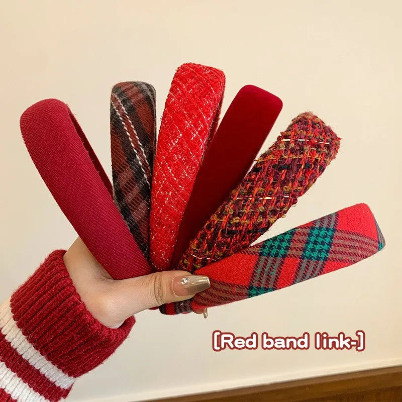 Fabric hair headband set in red with tartan and plaid designs, wide bands.