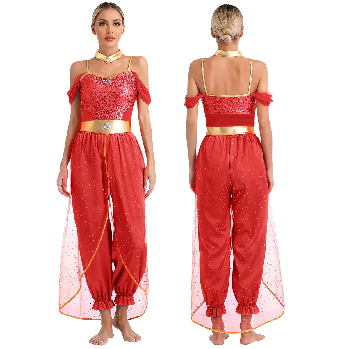 Red sequined off-shoulder belly dancer costume with gold waist belt and harem pants