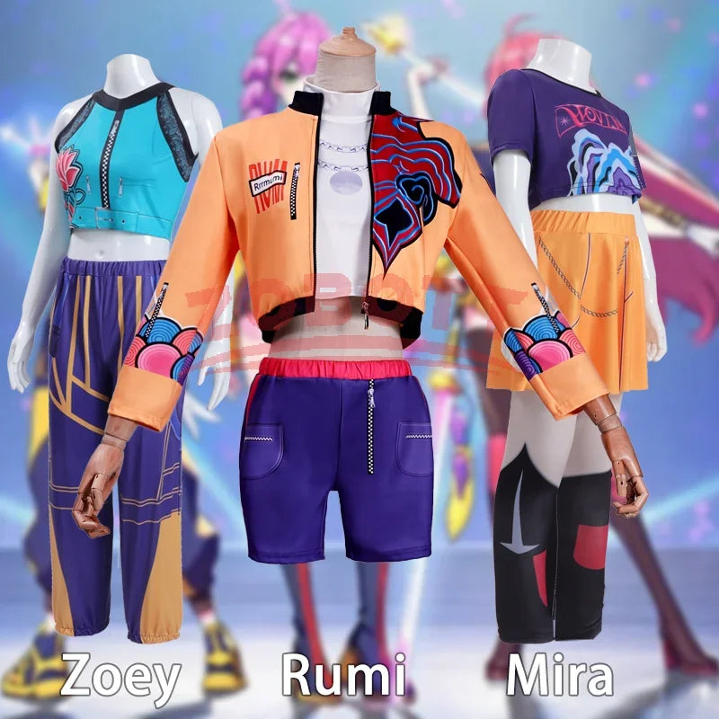 Girls colorful cosplay set with blue top, orange jacket, purple skirt, and shorts
