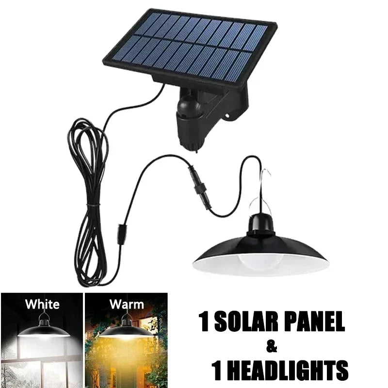 Solar outdoor pendant light with solar panel and one hanging black lamp shade with cable