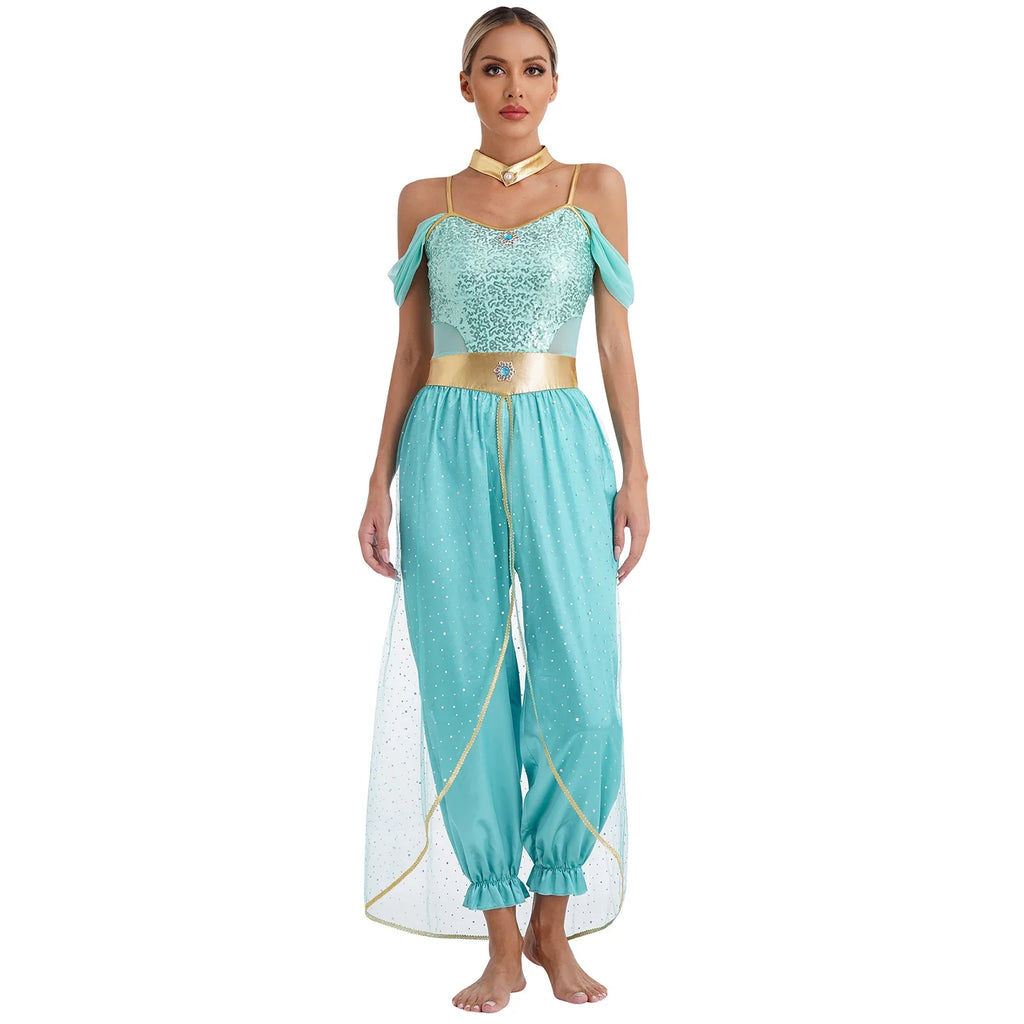 Turquoise sequined off-shoulder belly dancer style costume with harem pants and sash