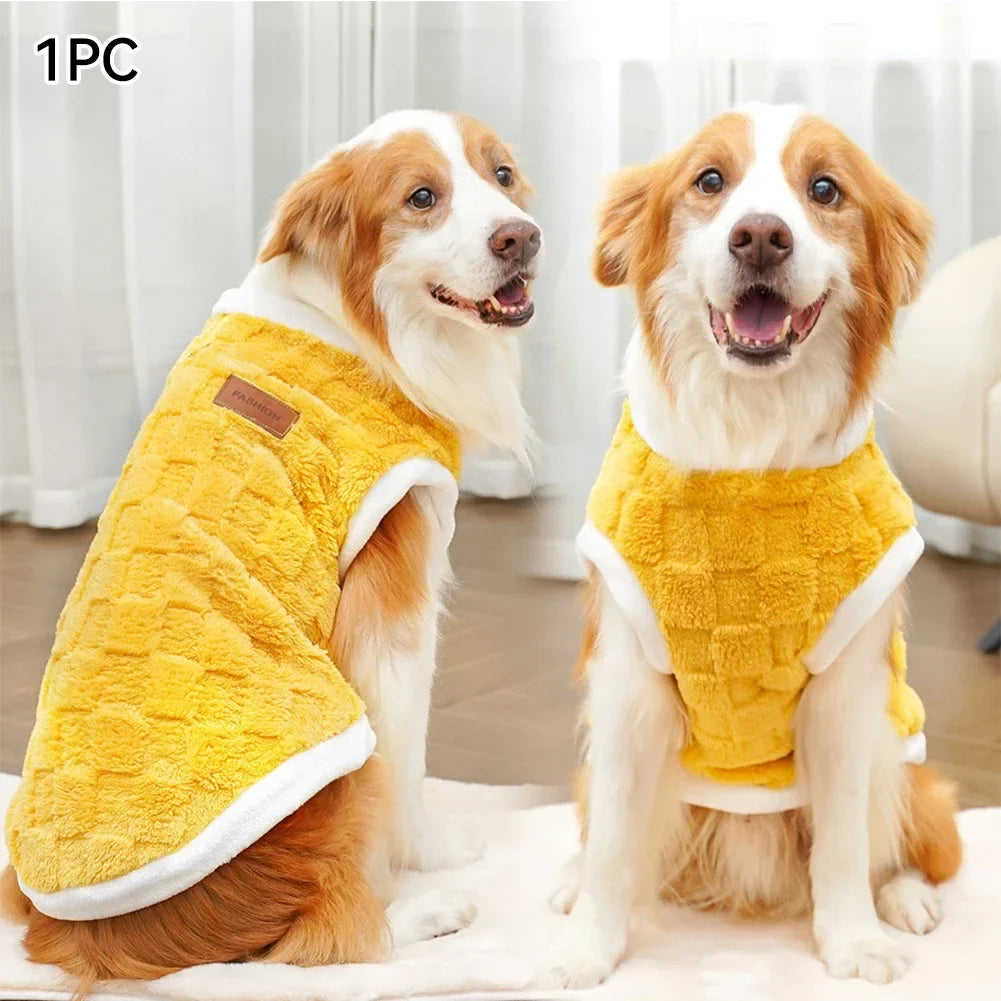 Fleece dog pullover sweater in yellow with brown patch label and white trim
