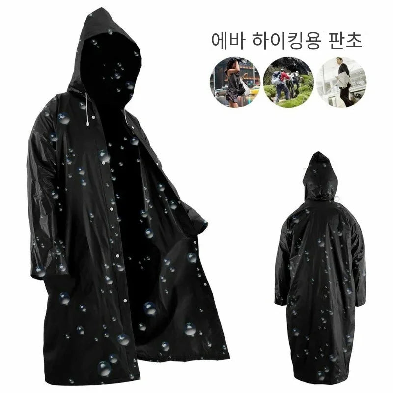 Black hooded raincoat with snap-button front and full-length loose fit