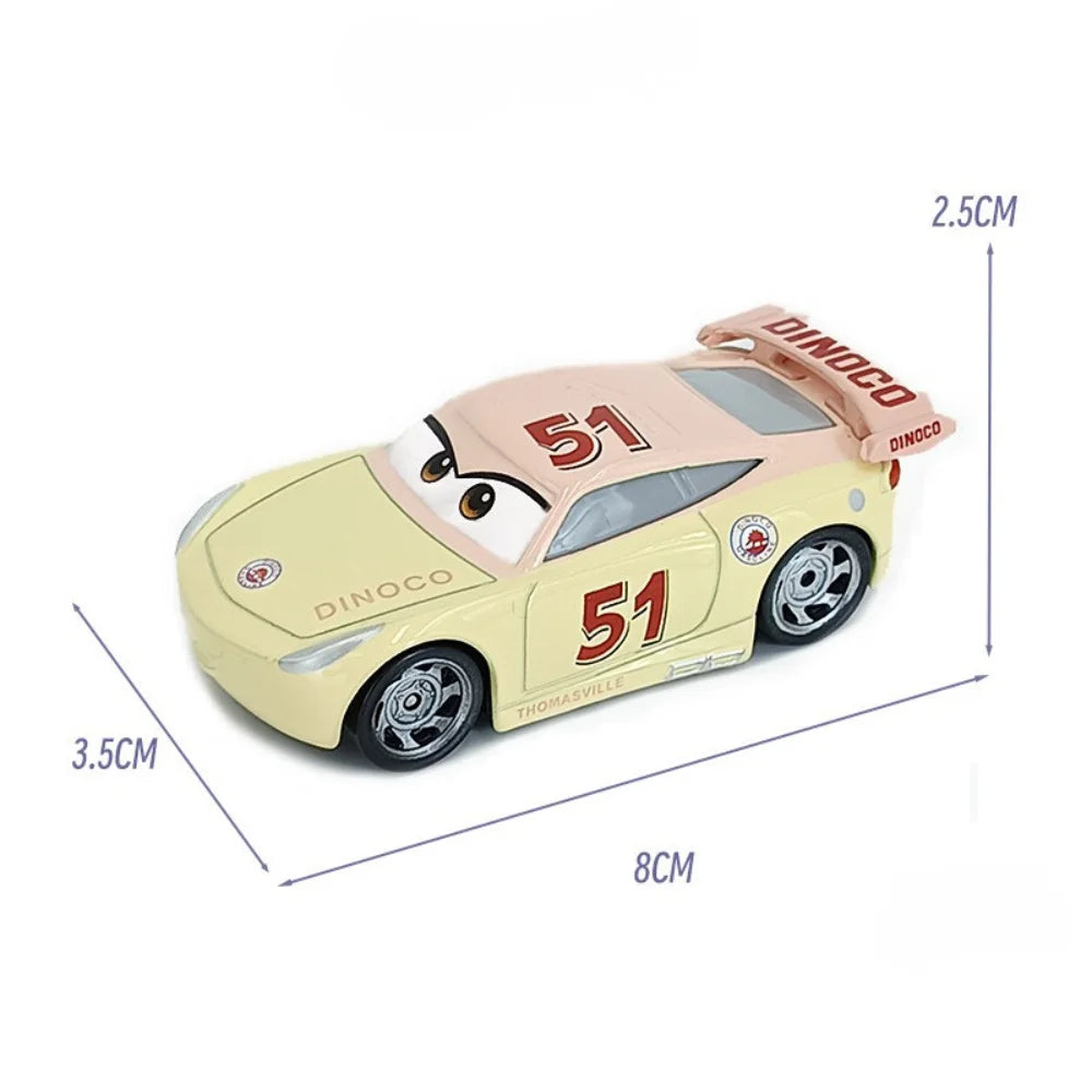 Diecast racing car model toy in cream color with number 51 and cartoon eyes