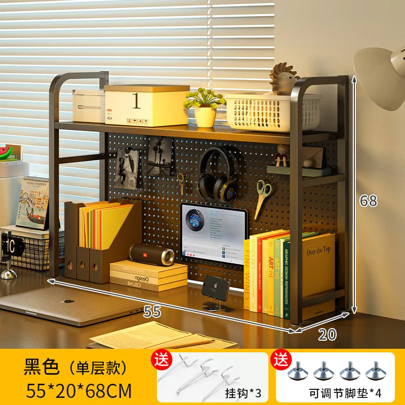 Black multi-tier pegboard desk organizer shelf with side rails and hanging hooks