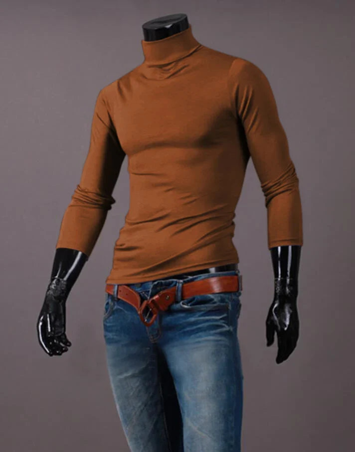 Men’s slim-fit thermal shirt with high neck and long sleeves, coffee brown