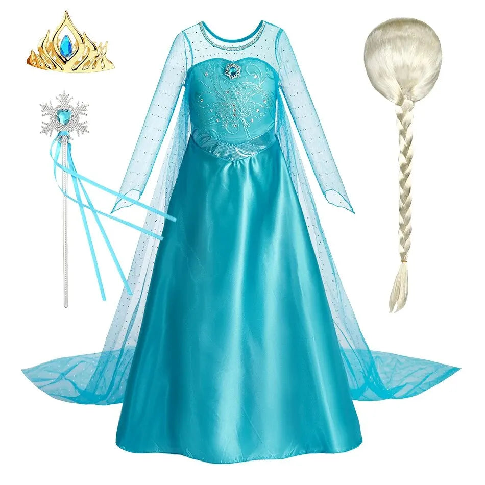 Turquoise princess dress with long sheer cape and jeweled snowflake bodice