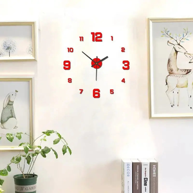 Frameless wall clock decal with red numbers and red circular clock face with black hands