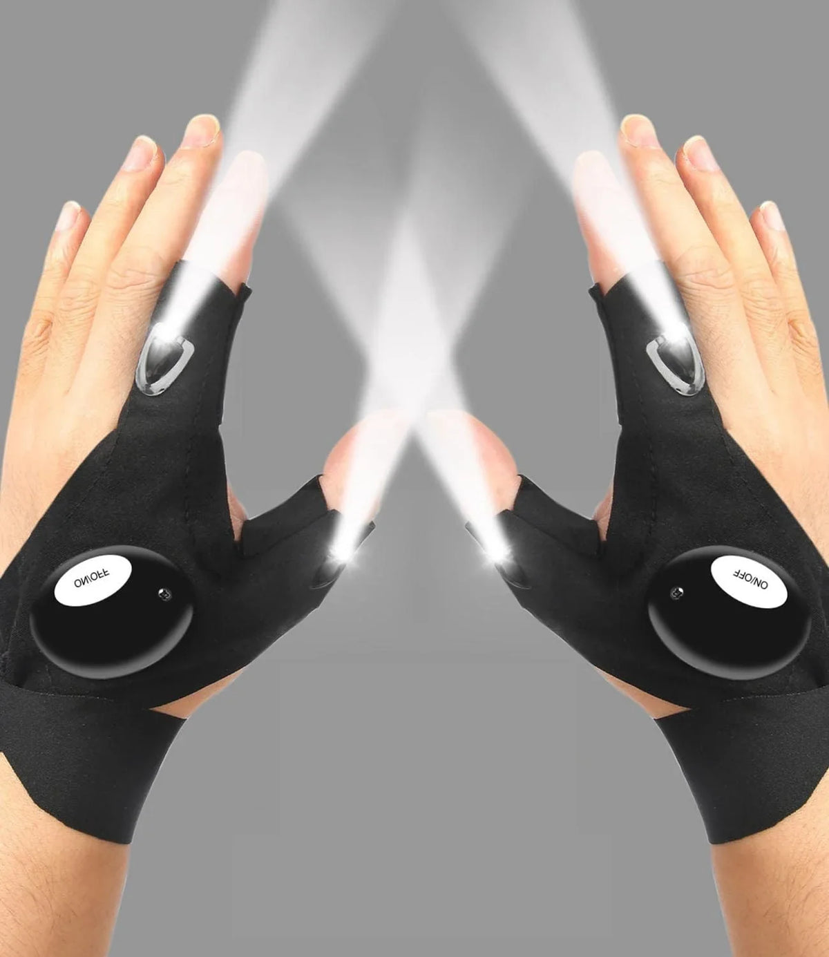Pair of black fingerless LED flashlight gloves with beams shining from both gloves