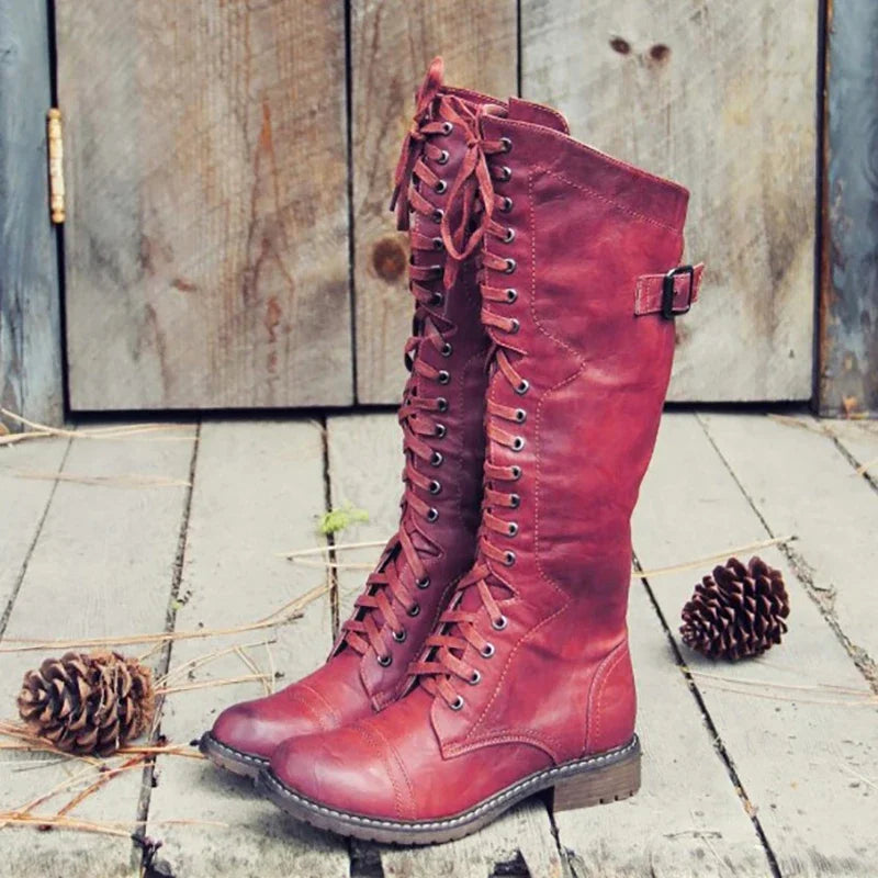 Women’s lace-up knee-high boots, flat sole, maroon PU leather with buckle detail