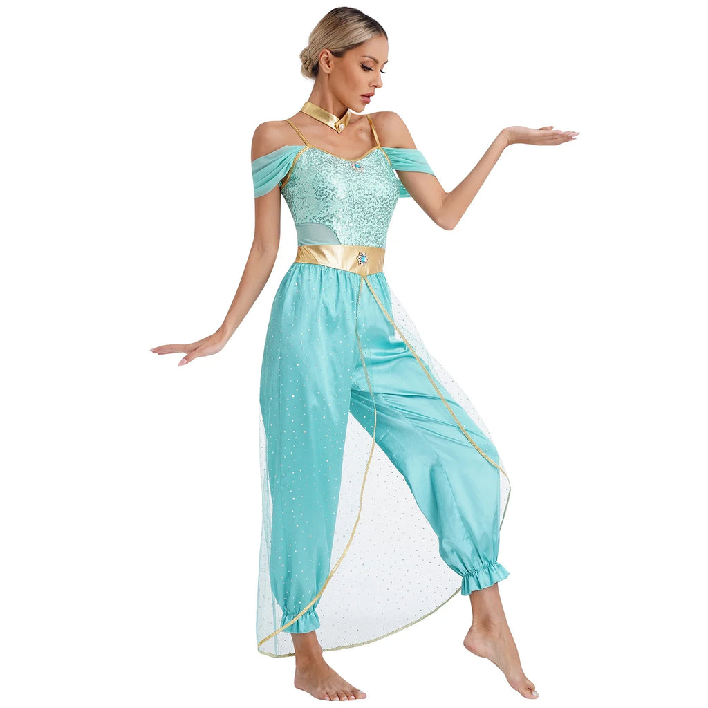 Turquoise sequined off-shoulder costume with sash belt, harem pants, and sheer drape