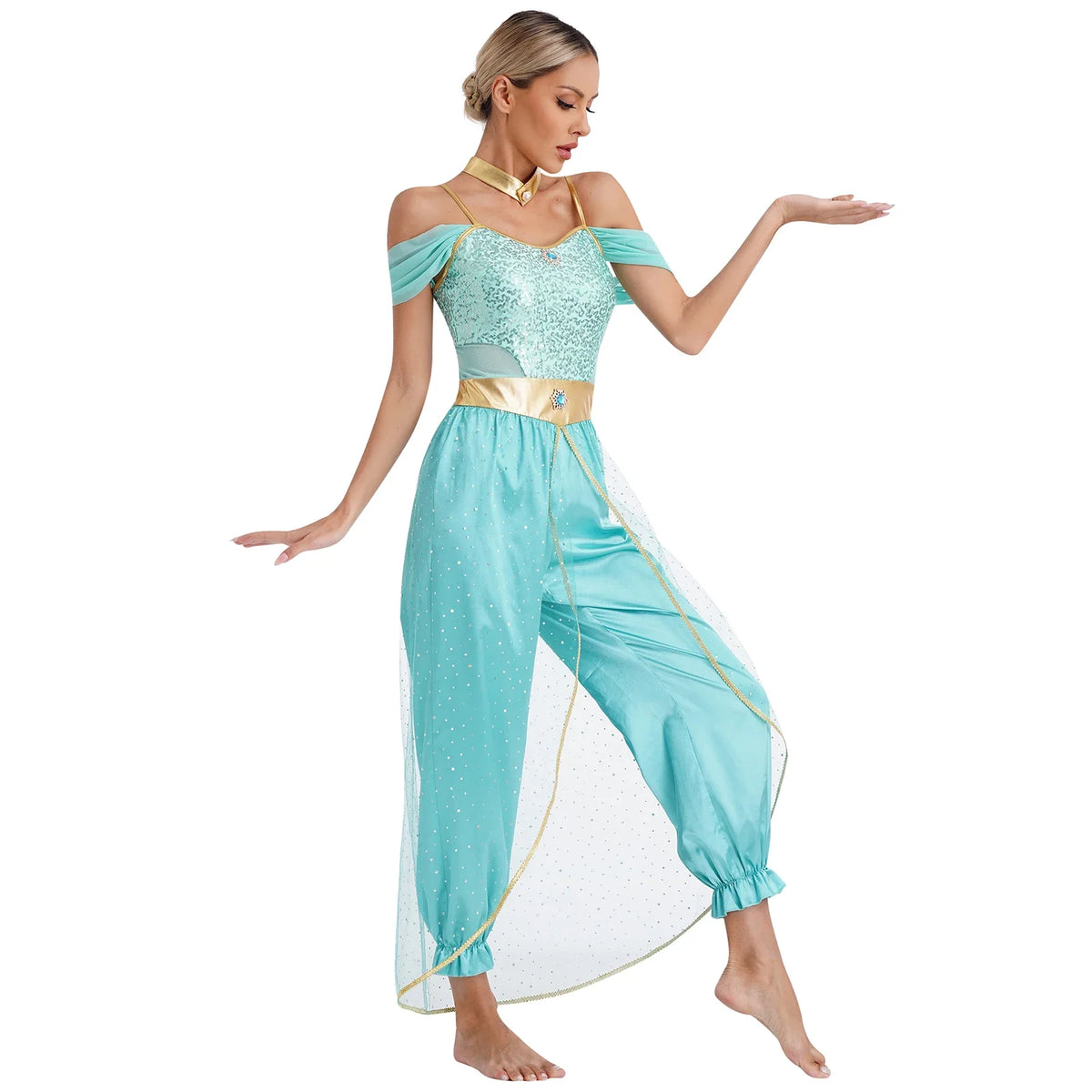 Turquoise sequined off-shoulder costume with sash belt, harem pants, and sheer drape
