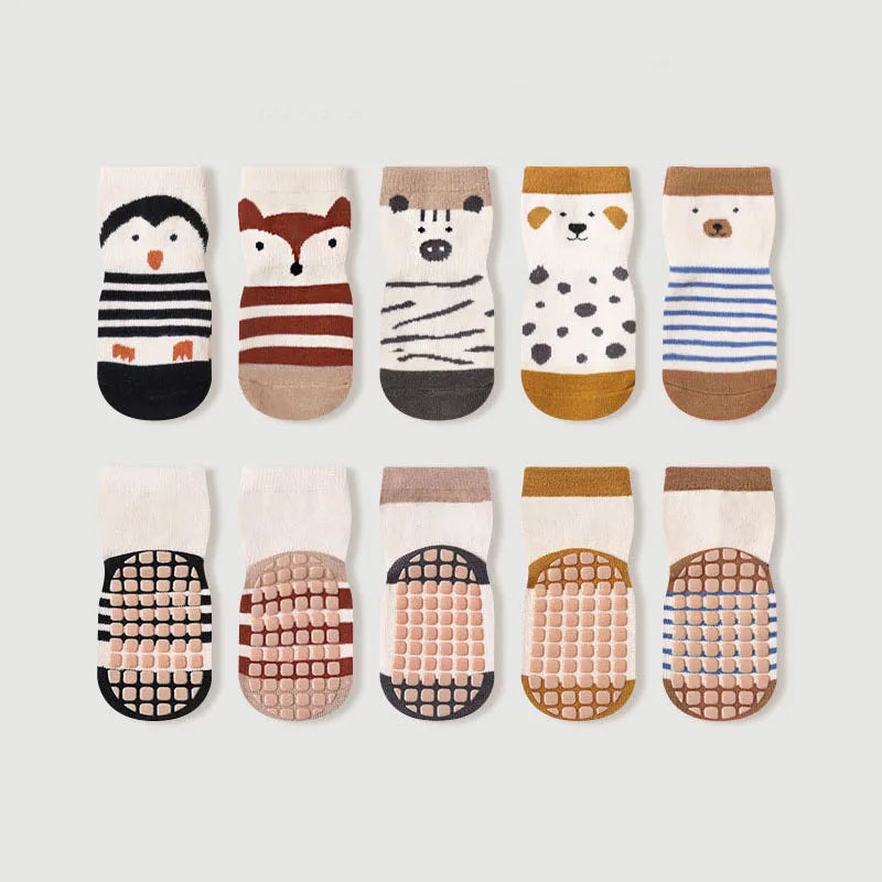Kids non-slip floor socks set of 5 pairs, cartoon animals with grippy textured soles